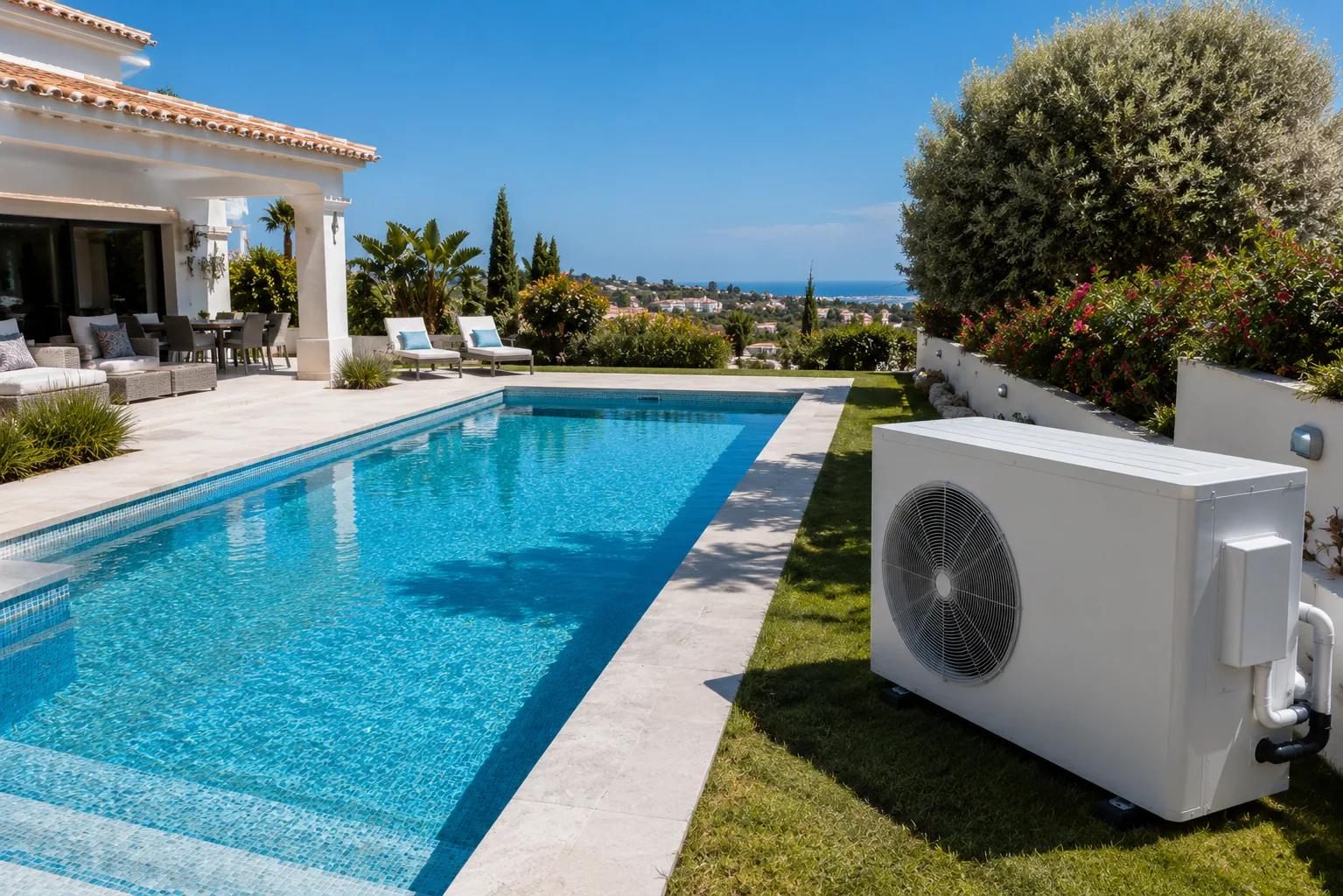 Pool heat pump beside a Costa del Sol swimming pool